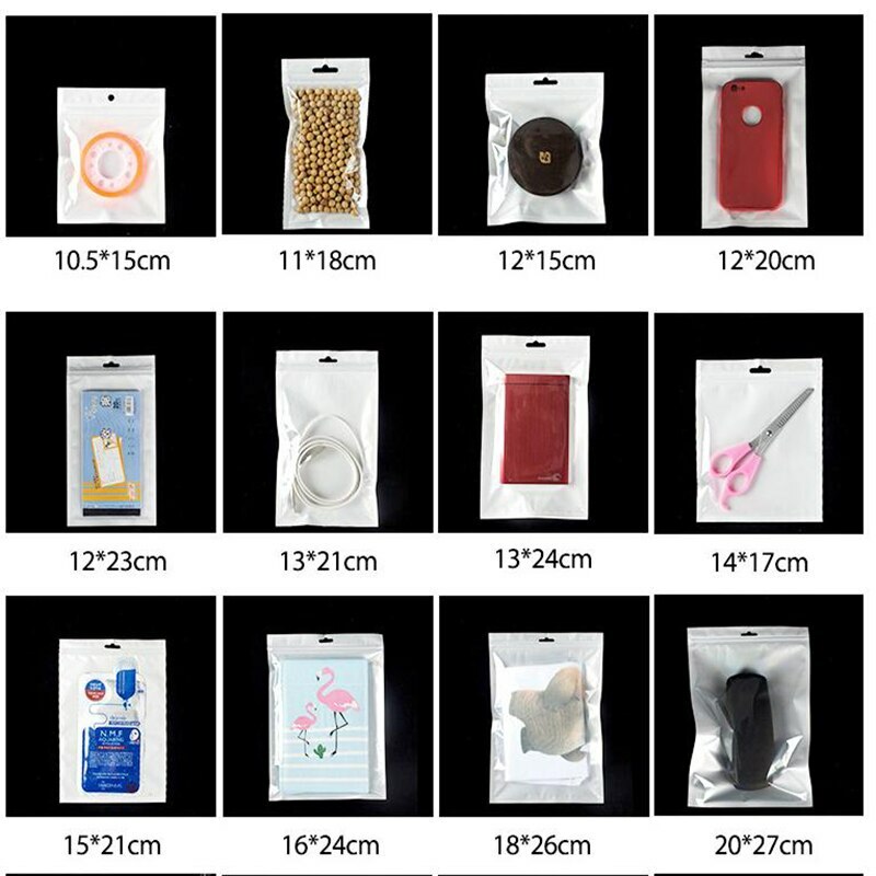 Retail White / Clear Plastic Zippered Plastic Bags with Hang Hole Pouches