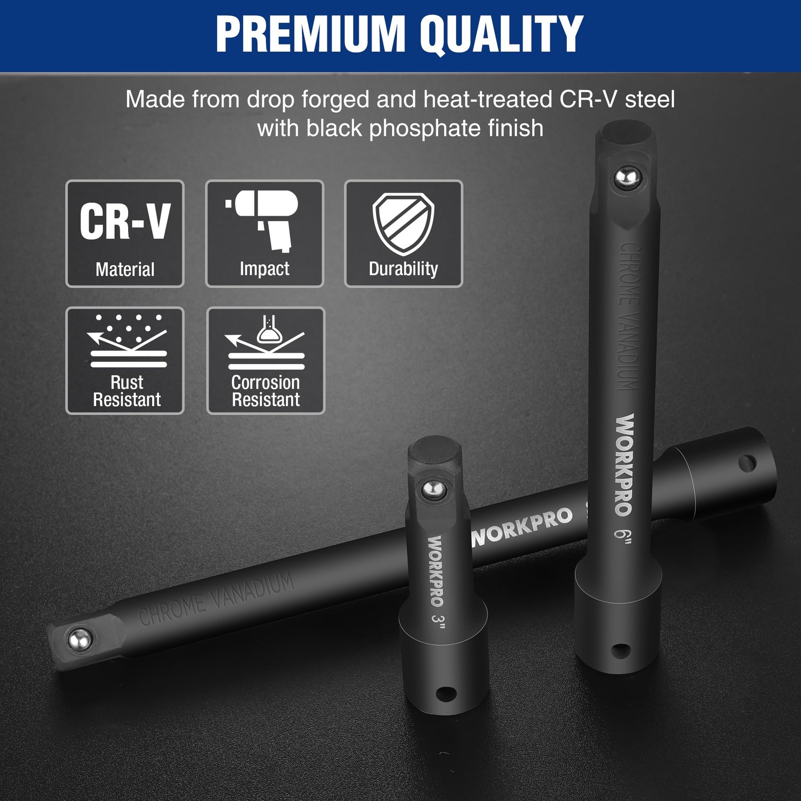 WORKPRO 1/2″ Drive Impact Extension Bar Set, 3 PCS Socket Extensions, Black