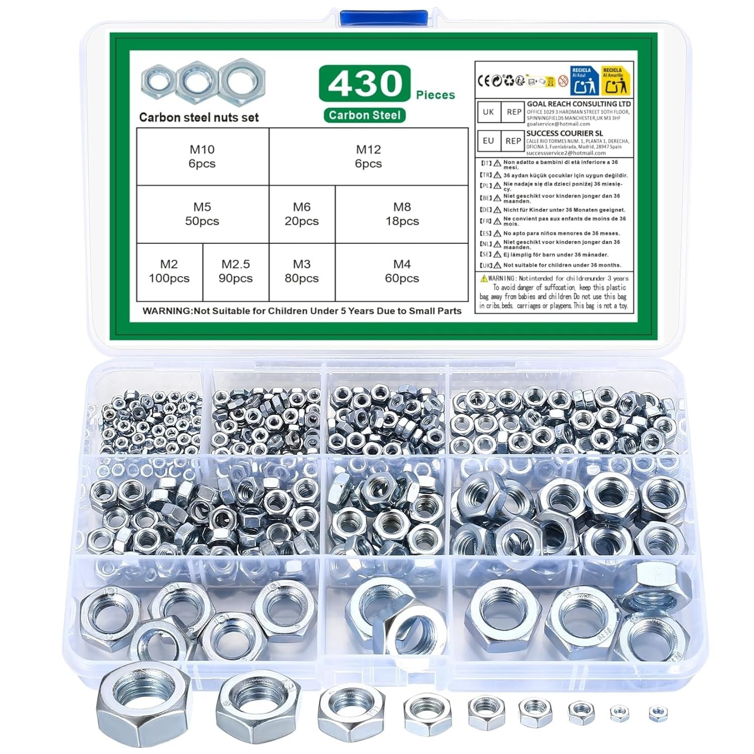 Metric Hex Nuts Assortment Kit, 430 Pcs Stainless Steel Hex Nuts Set, Hex Har…