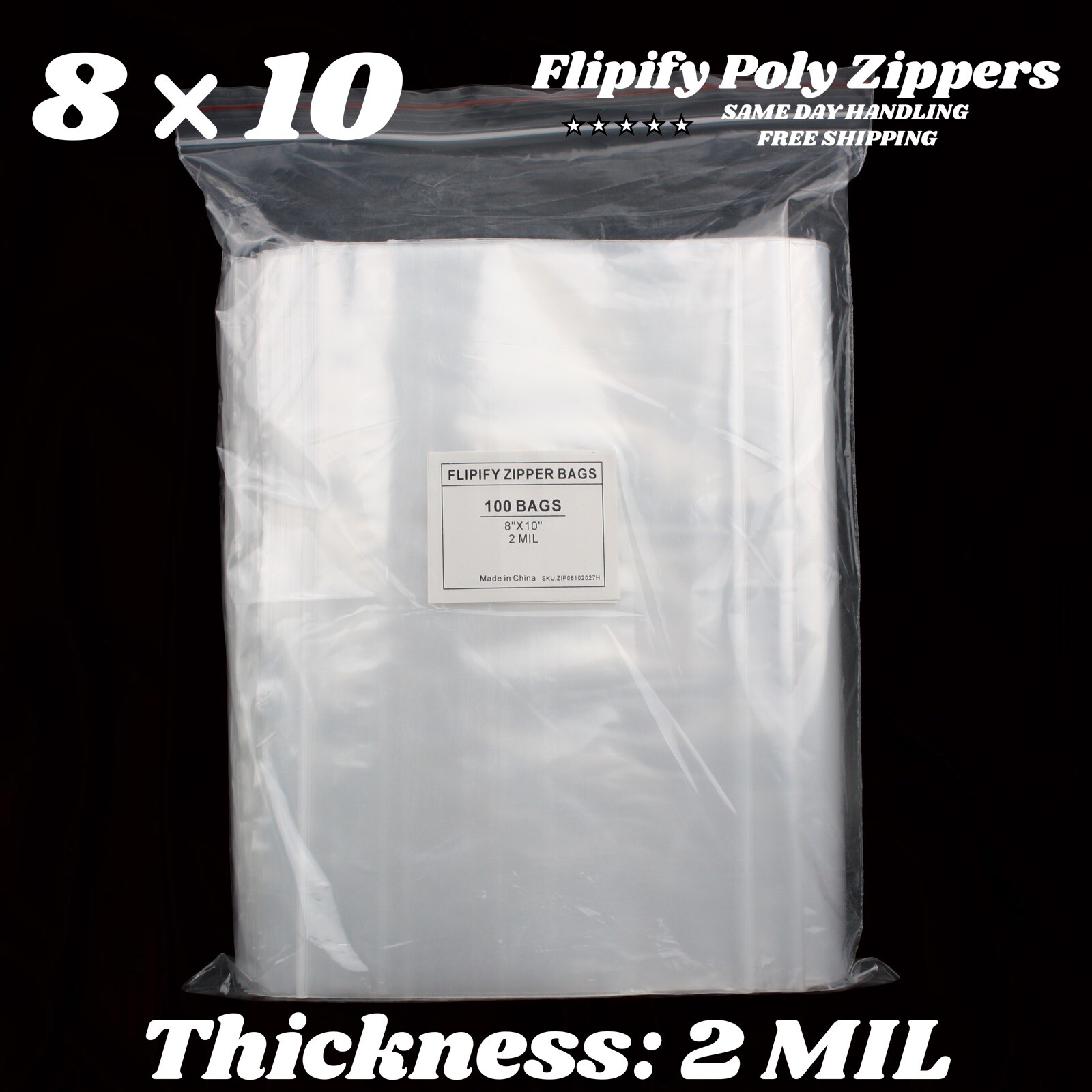 8×10 Clear 2 Mil Zip Bags Poly Plastic Zipper Reclosable Baggie Lock Large