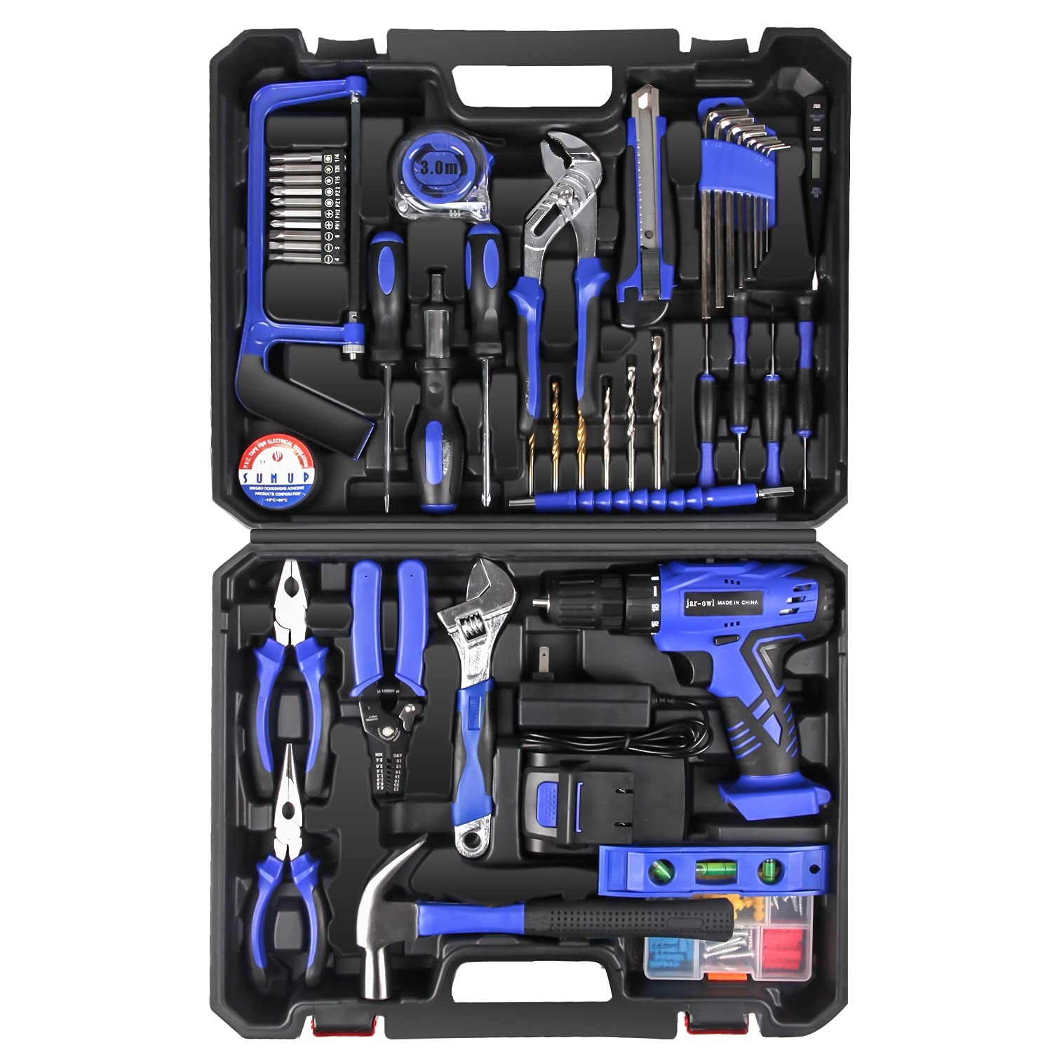 Jar-Owl 21V Tool Set Drill 350 In-Lb Torque 0-1350Rmp Variable Speed 10Mm 3/8