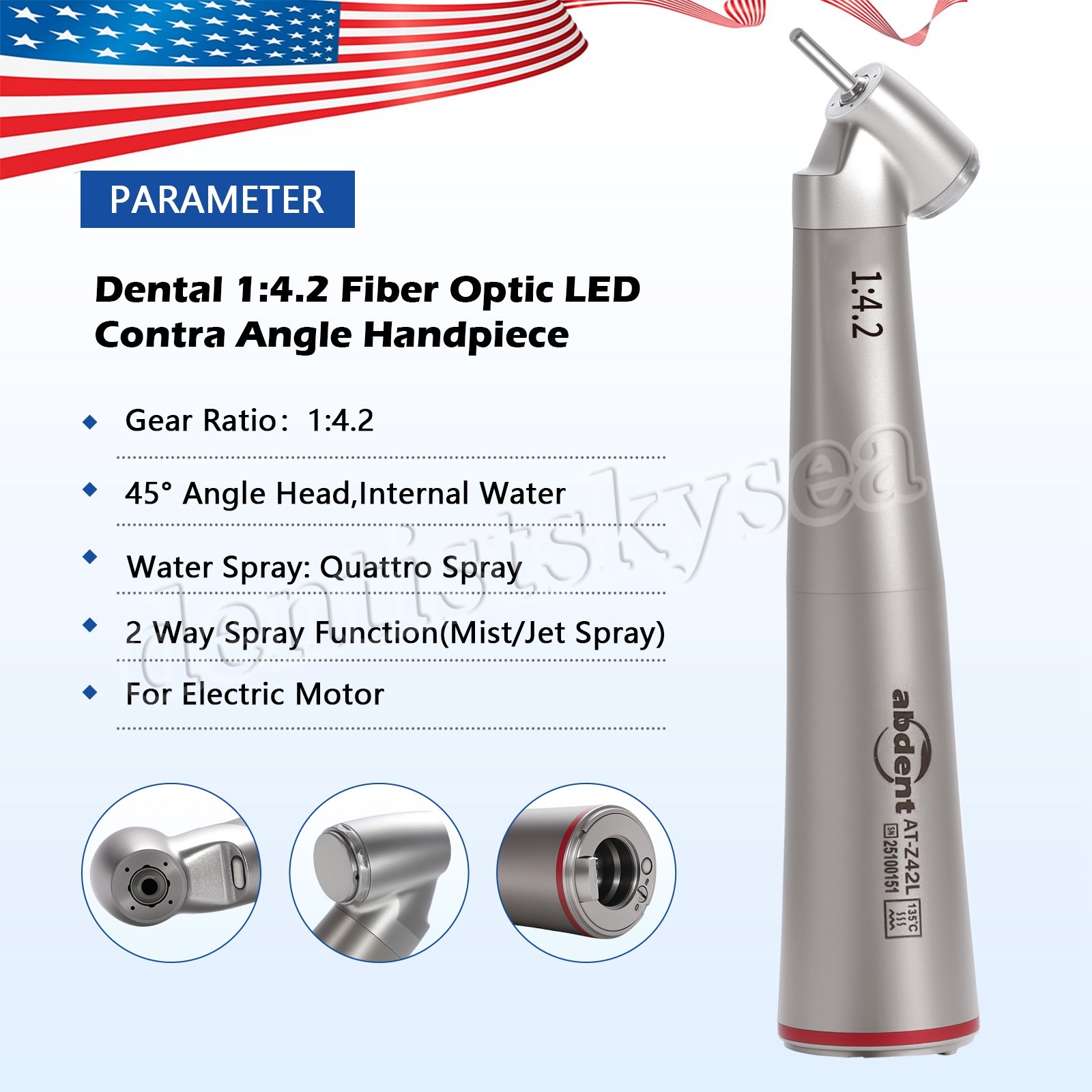 abdent 45° Angle Head Contra Angle LED Optic 1:4.2 Handpiece Inner Water Spray