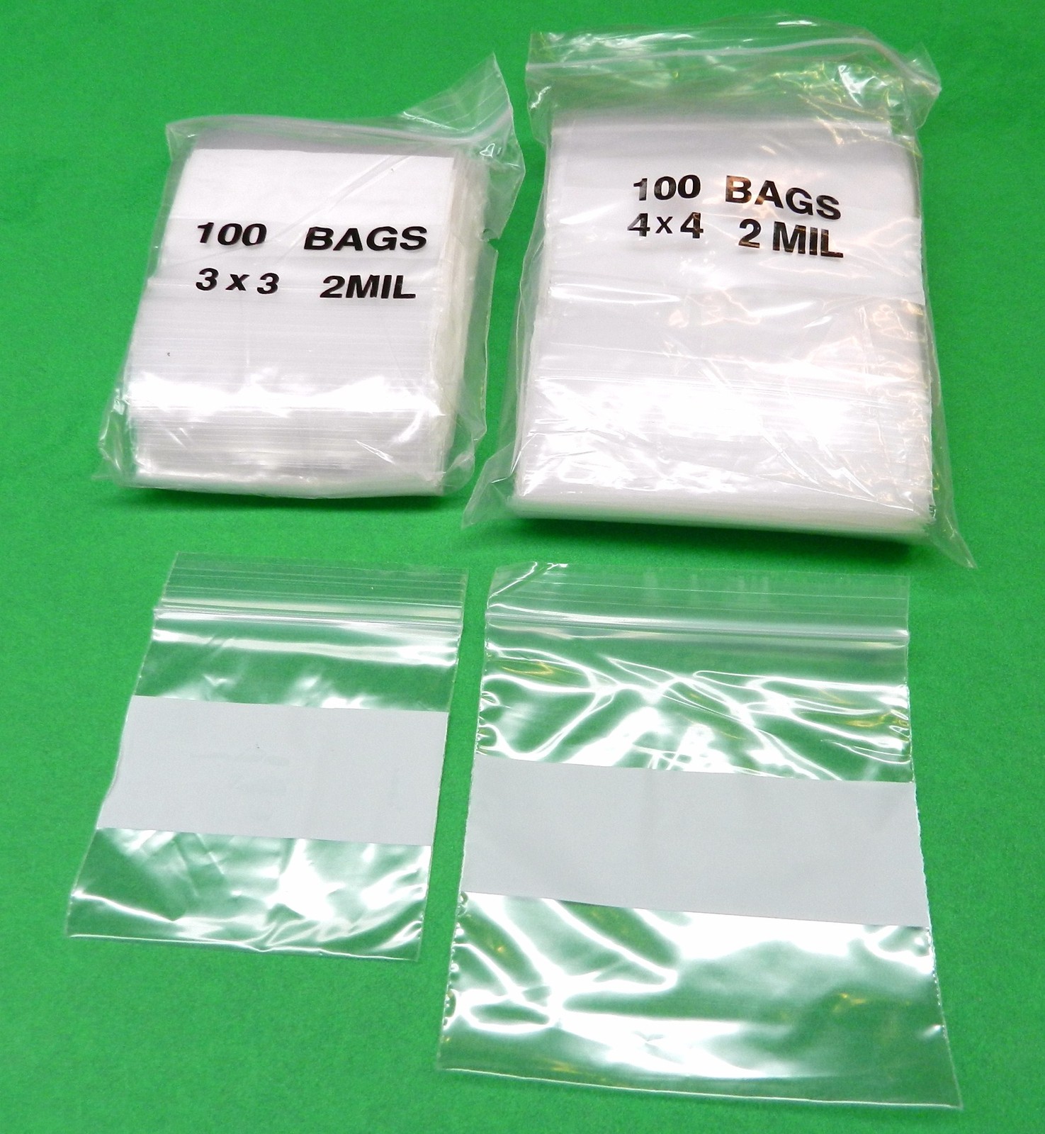 200 White Block Zip Seal Lock Bags Square 2mil Plastic 100 @ 3″x3″ & 4″x4″ Bags