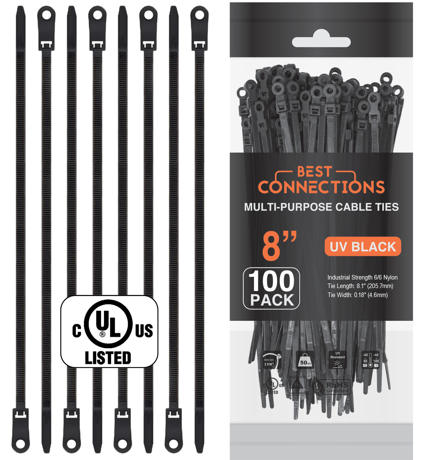 100 Pieces 8″ UV Black Nylon Cable Zip Ties Strong with Screw Down Hole