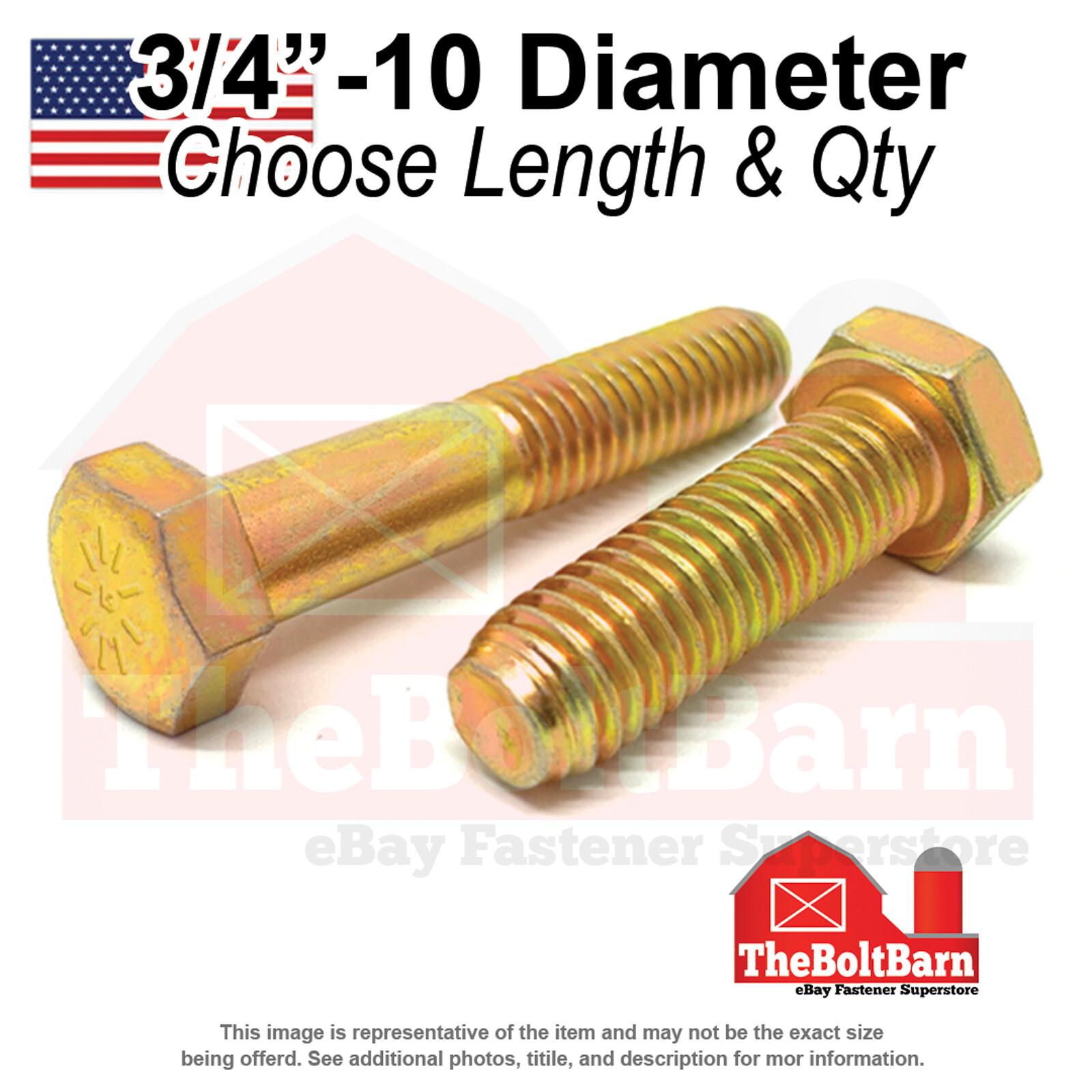 3/4″-10 Grade L-9 Coarse Hex Cap Screws Zinc Yellow USA Made(Choose Length&Qty)