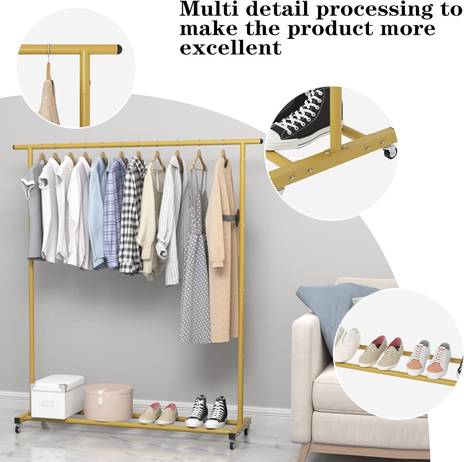 Gold Adjustable Rolling Clothing Rack – Space-Saving Organizer for Home & Retail