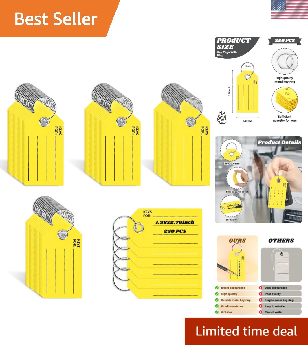 250 Pcs Yellow Key Tags with Labels and Rings: 1.38 X 2.76 Inches, 250 Labels, C