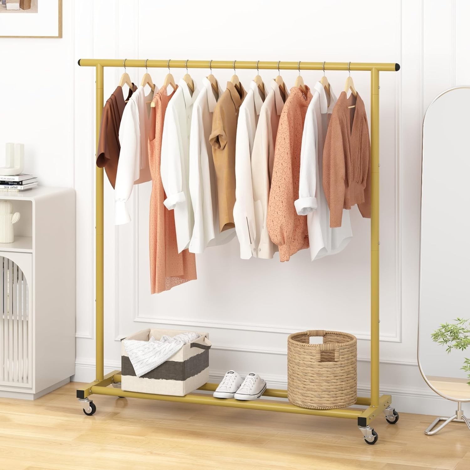 Gold Adjustable Rolling Clothing Rack – Space-Saving Organizer for Home & Retail
