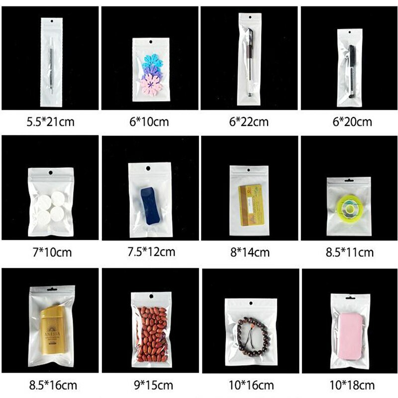 Retail White / Clear Plastic Zippered Plastic Bags with Hang Hole Pouches