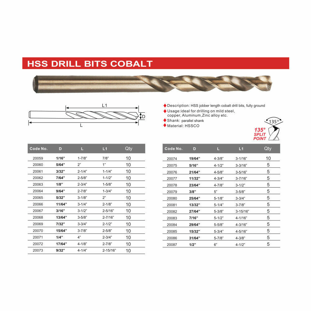 Drillforce 10PC 3/32″ Cobalt Drill Bit Set HSS M35 Jobber Length Metal Drill Bit
