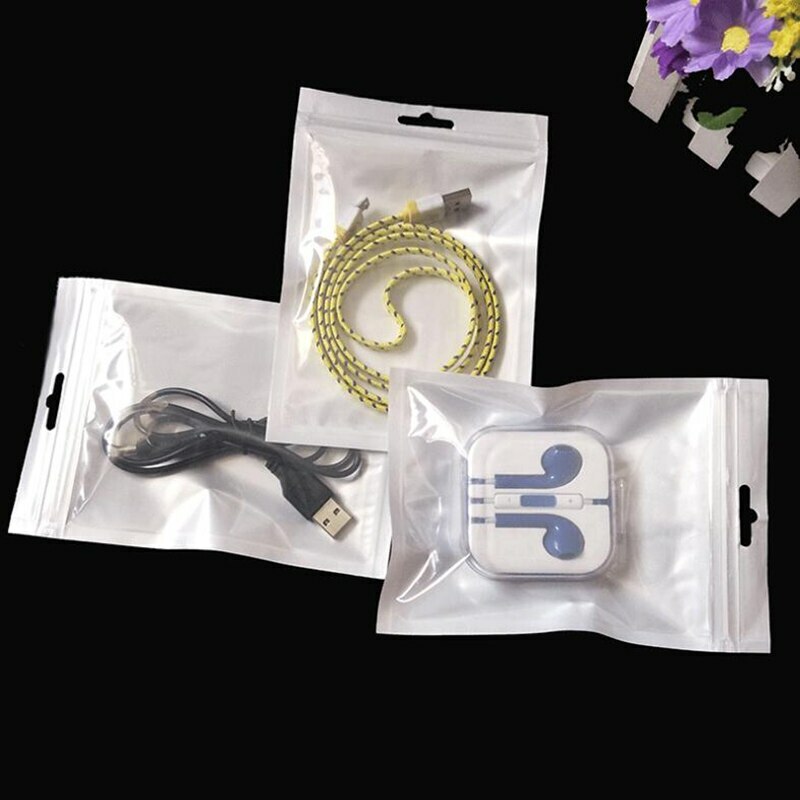 Retail White / Clear Plastic Zippered Plastic Bags with Hang Hole Pouches