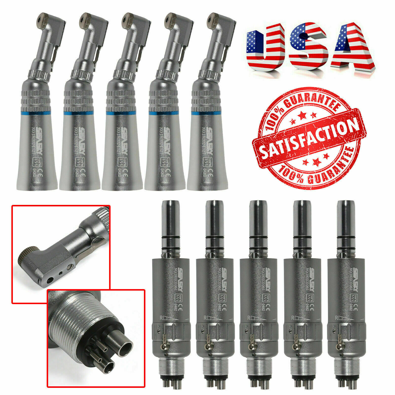10*NSK Style Dental Low Slow Speed Contra Angle 4Hole Air Motor Handpiece Silver