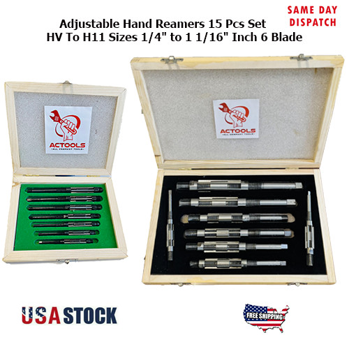 Adjustable Hand Reamer 15 Pcs Set HV -H11 Sizes 1/4″-1.1/16″, 6.35-27mm USA