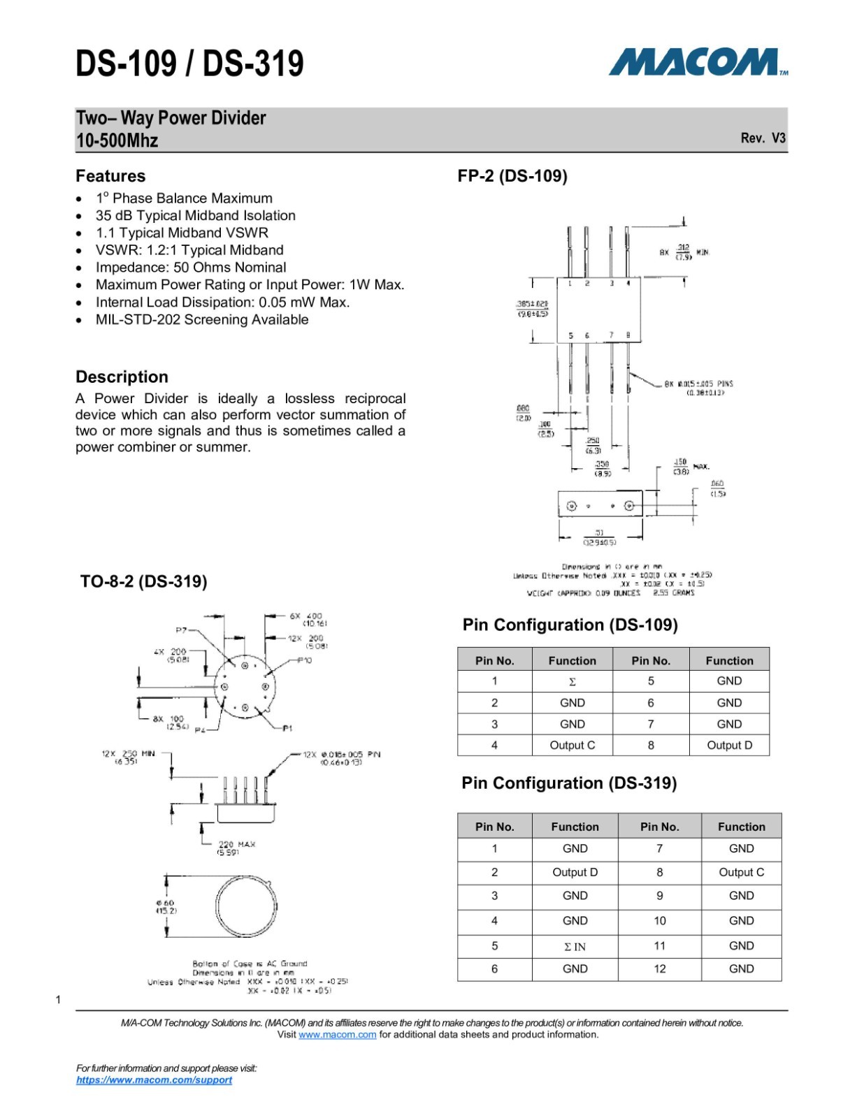 Anzac (MaCom) DS-109 Two (2)-way Power Divider 10-500 MHz