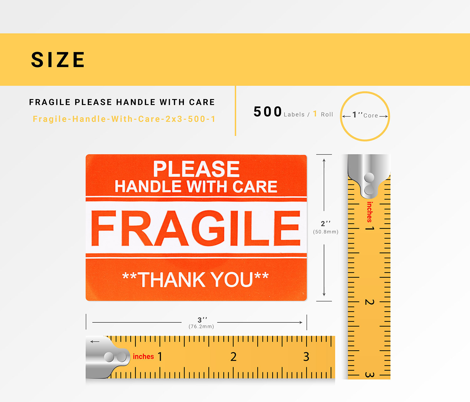 3 Rolls ; 500 Labels Per Roll 2×3 Pre-Printed FRAGILE HANDLE WITH CARE Labels