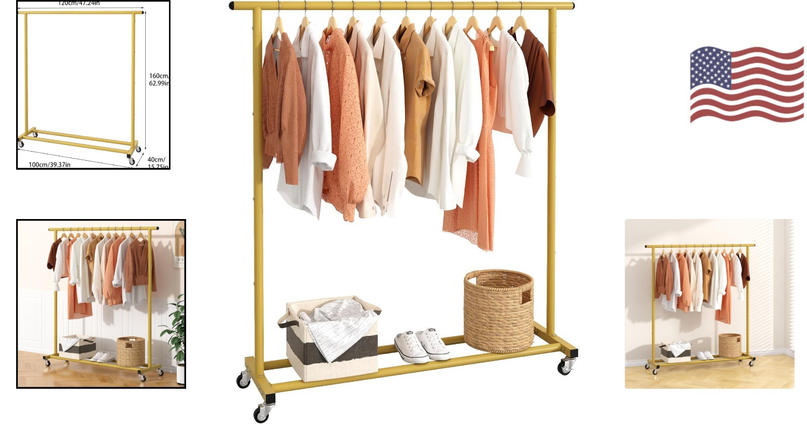 Gold Adjustable Rolling Clothing Rack – Space-Saving Organizer for Home & Retail