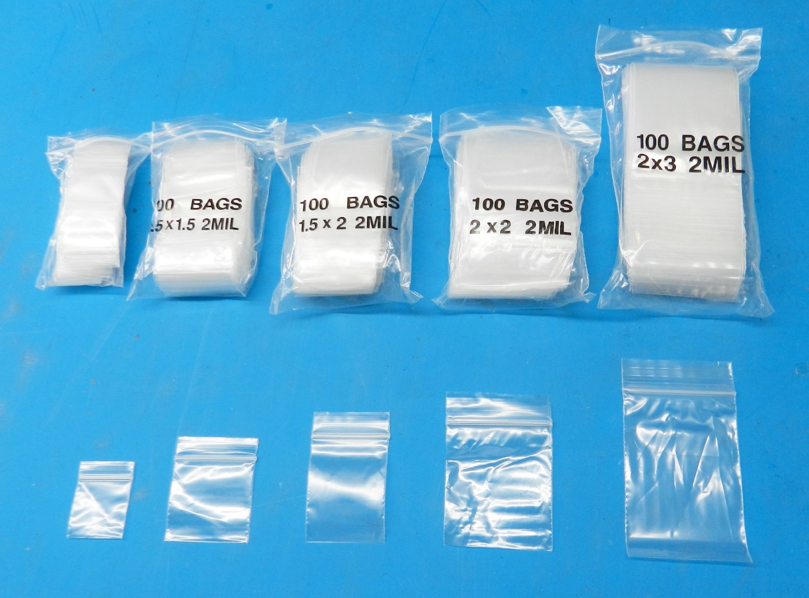500 ASSORTED Clear 2 mil Bags 5 Sizes 100@ – 1×1 1-1/2×1-1/2 1-1/2×2 2×2 2×3