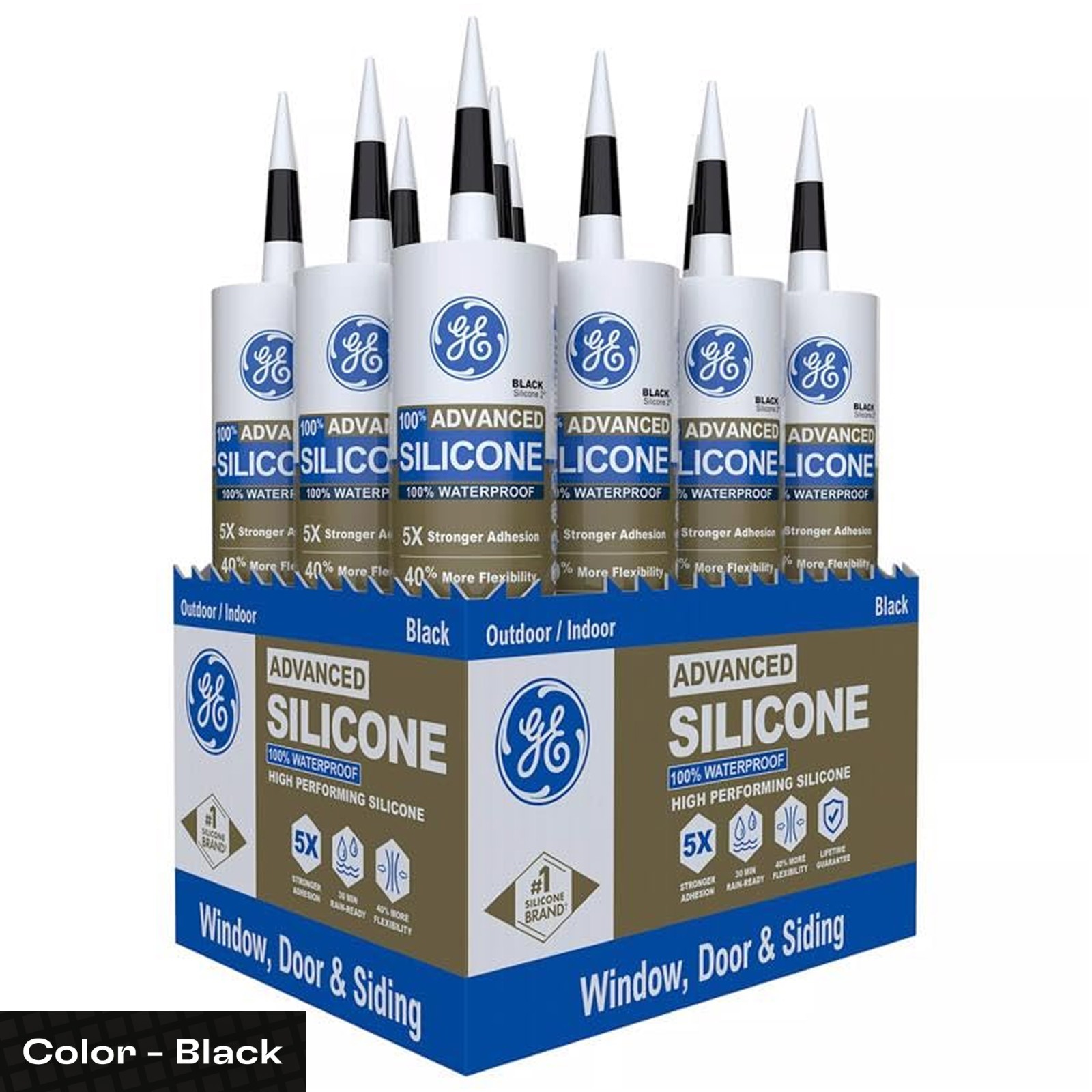 GE Advanced Silicone 2 Window and Door BLACK Silicone Caulk 10.1 oz – Pack of 12