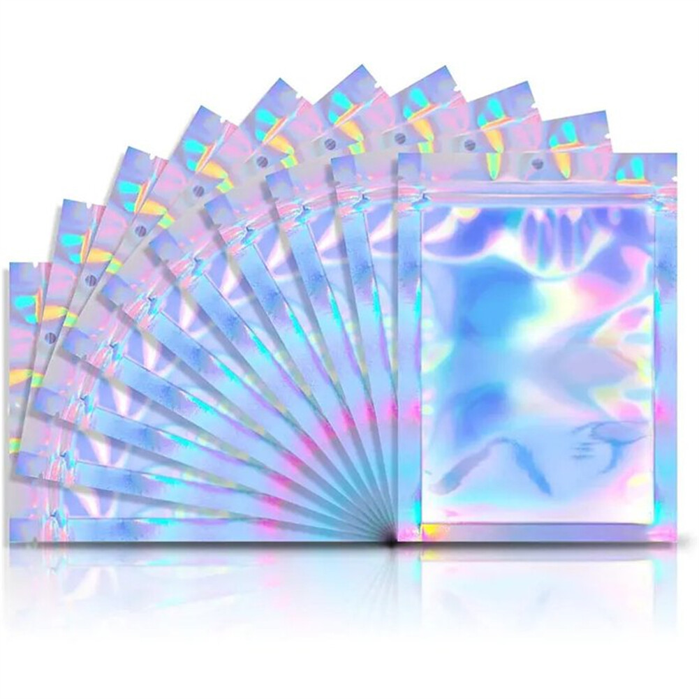 100x Holographic Mylar Foil Bag Resealable Ziplock Pouch Packaging Clear Front