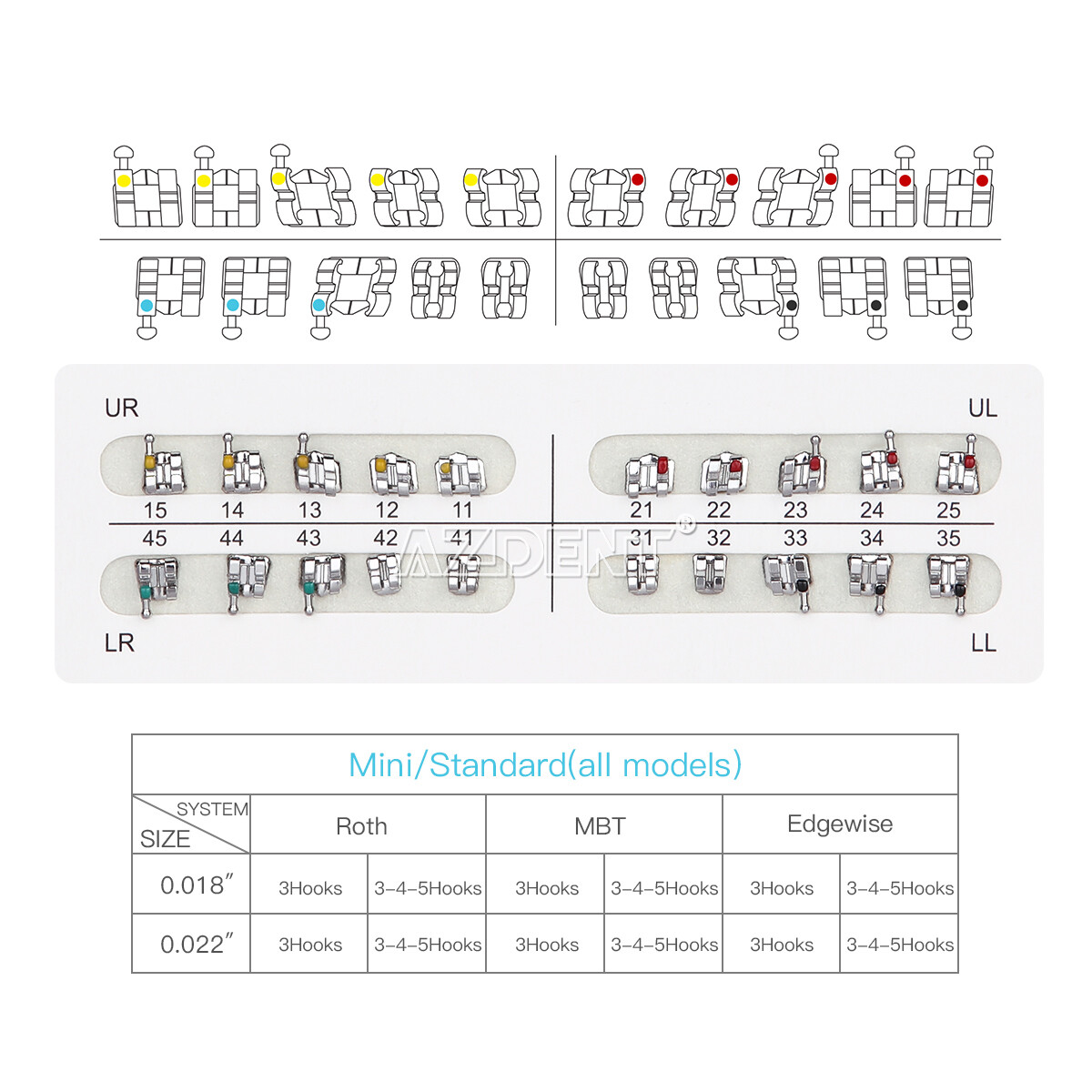 10X AZDENT Dental Ortho Brackets Mini/Standard MBT/Roth 022/018 Hooks 3 4 5