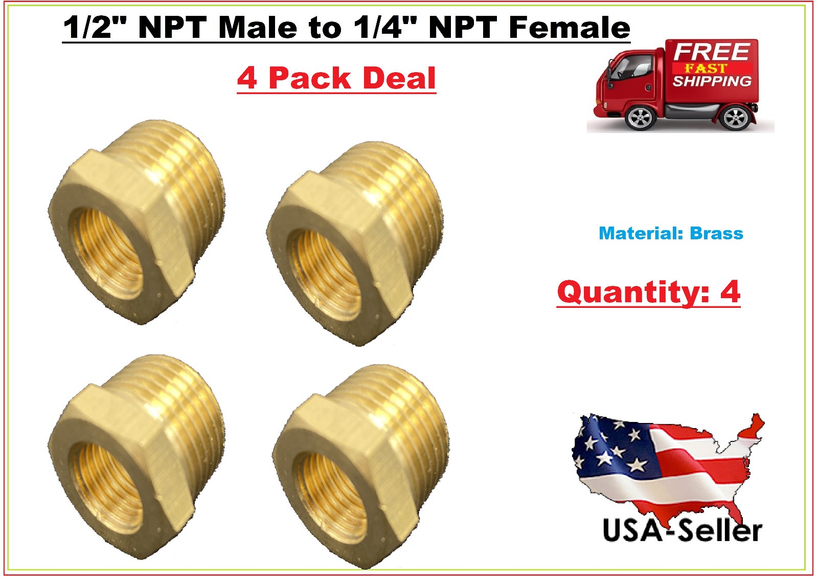 Hex Reducer Bushing 1/2″ Male x 1/4″ Female NPT Adapter Pipe Fitting Brass