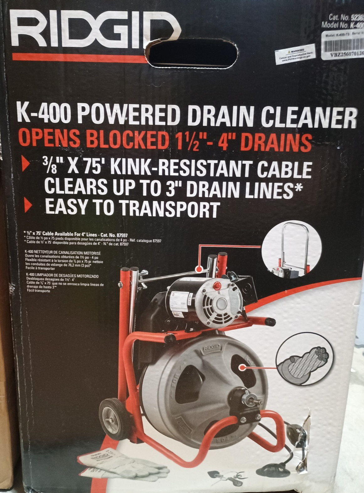 Ridgid K-400 Drain Snake Auger Drum Machine with C-32IW 3/8 in. x 75 ft. Cable