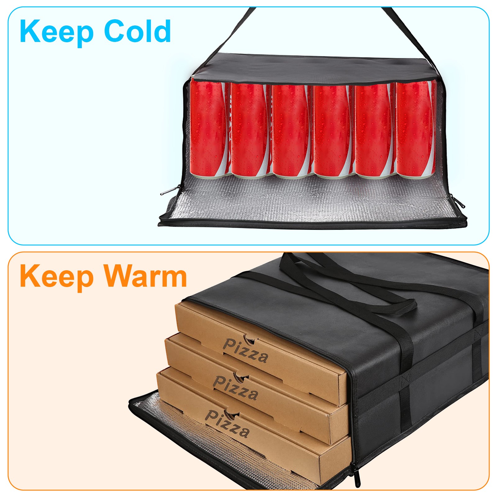 Insulated Pizza Delivery Bag Thermal Food Carrier w/ Handles Dual Zipper 20x20x8
