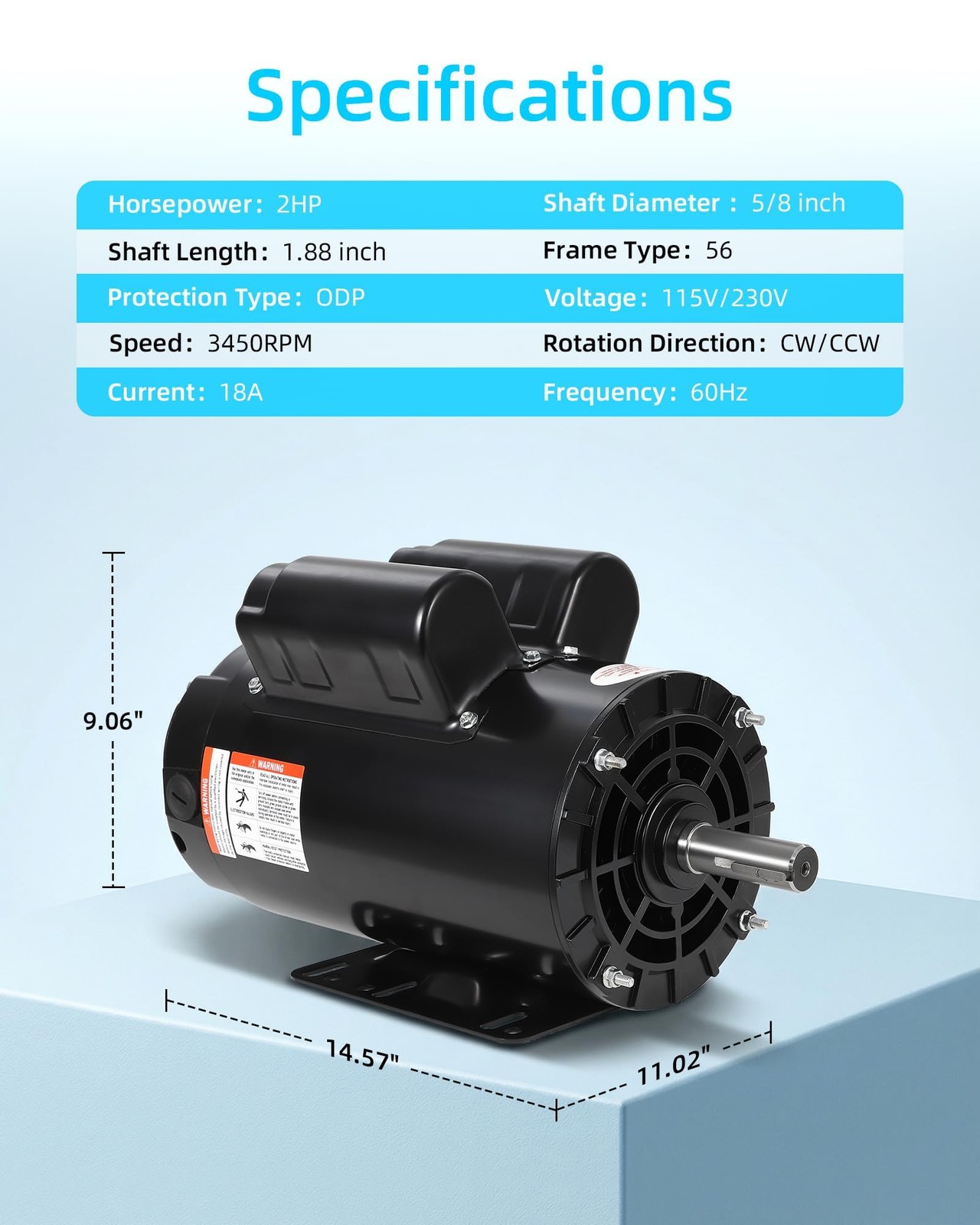 2/3/5HP 230V Air Compressor Electric Motor 3450RPM 56 Frame CW/CCW Rotation
