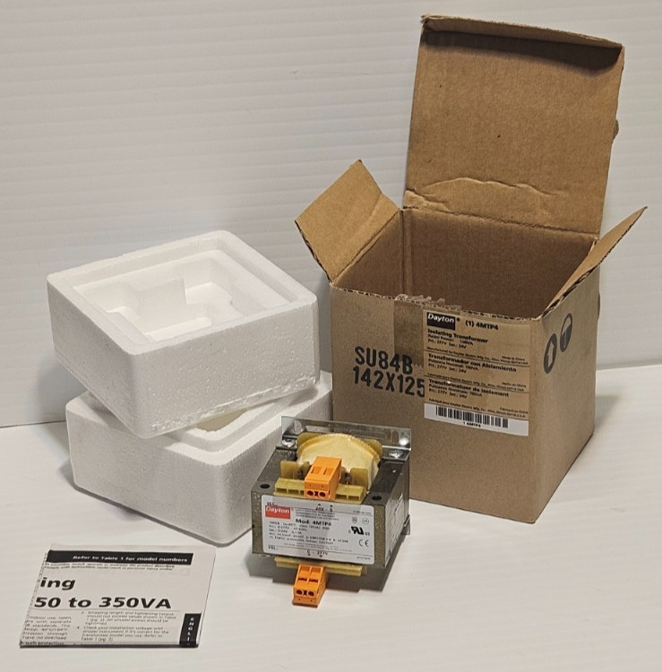 DAYTON ISOLATING TRANSFORMER Rated Power: 100VA Pri.: 277V Sec.: 24 V 4MTP4