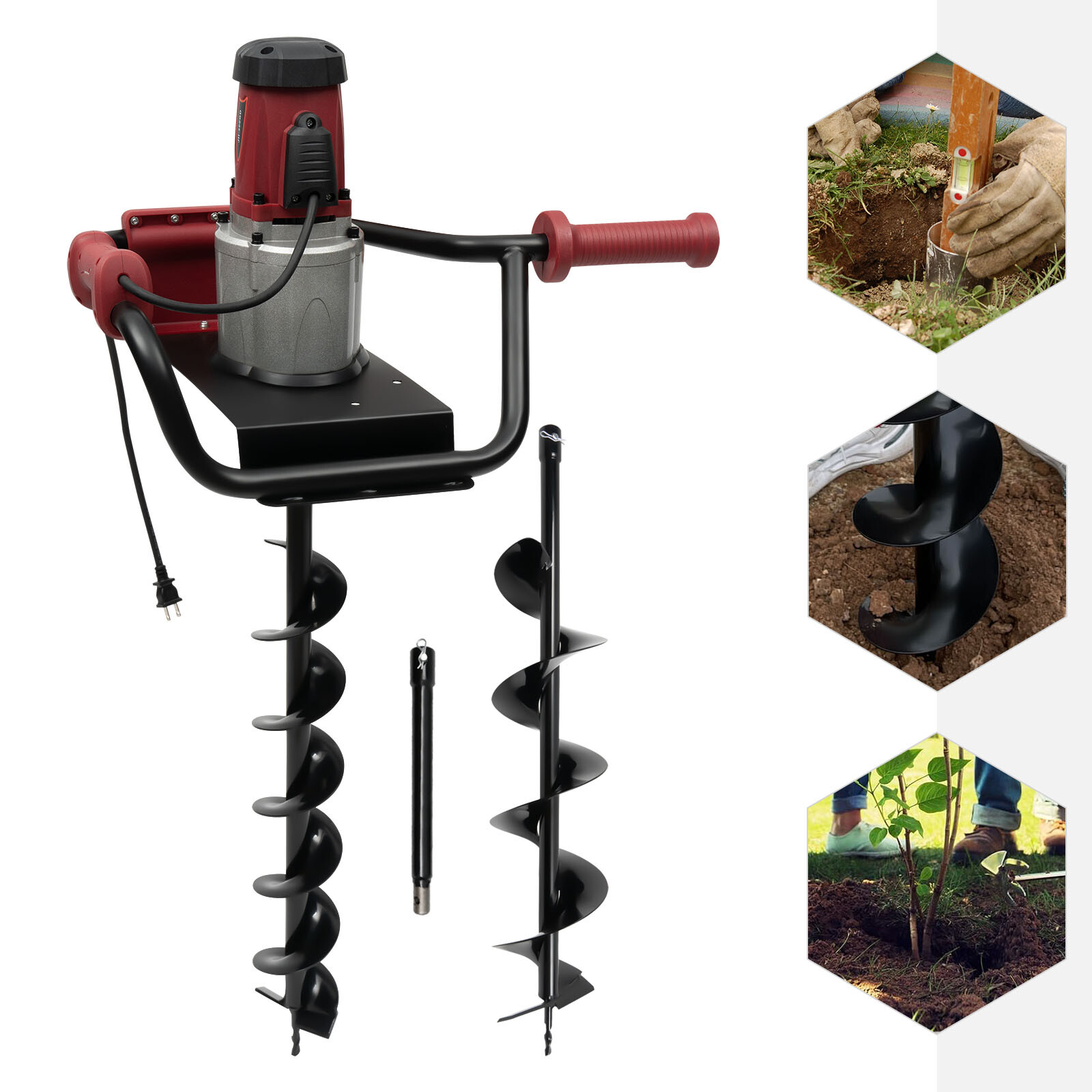 192rpm Powerful Electric Corded Digger Post Hole Auger 2 Drill Bit 1500W 1.6HP