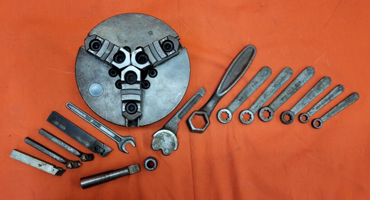 UNBRANDED 3 JAW MANUAL LATHE CHUCK 6-1/4″ DIA. & ACCESSORIES (LOT OF 16)