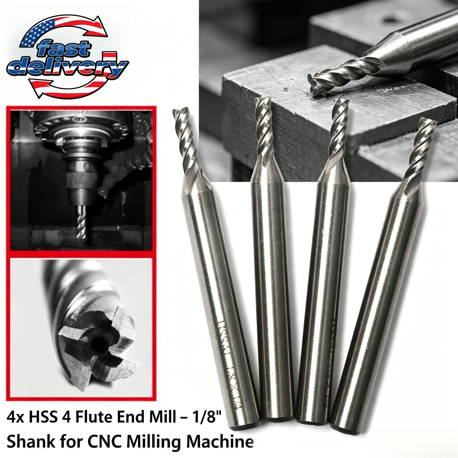 1/8″ x 1/4″ HSS End Mill Set 4pcs – 4 Flute Straight Shank Cutter for Metal &CNC