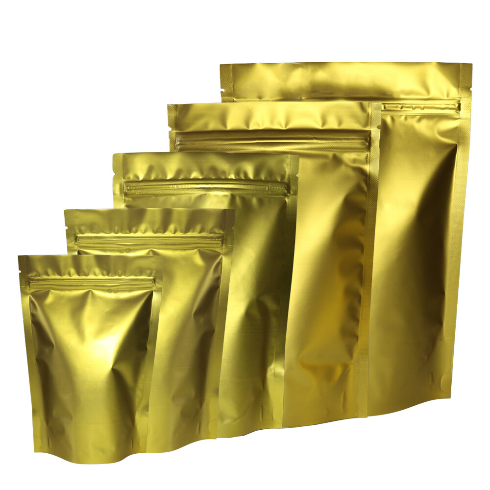 Double-Sided Gold Foil Stand Up Mylar Zip Seal Resealable Bags Variety QTY Sizes