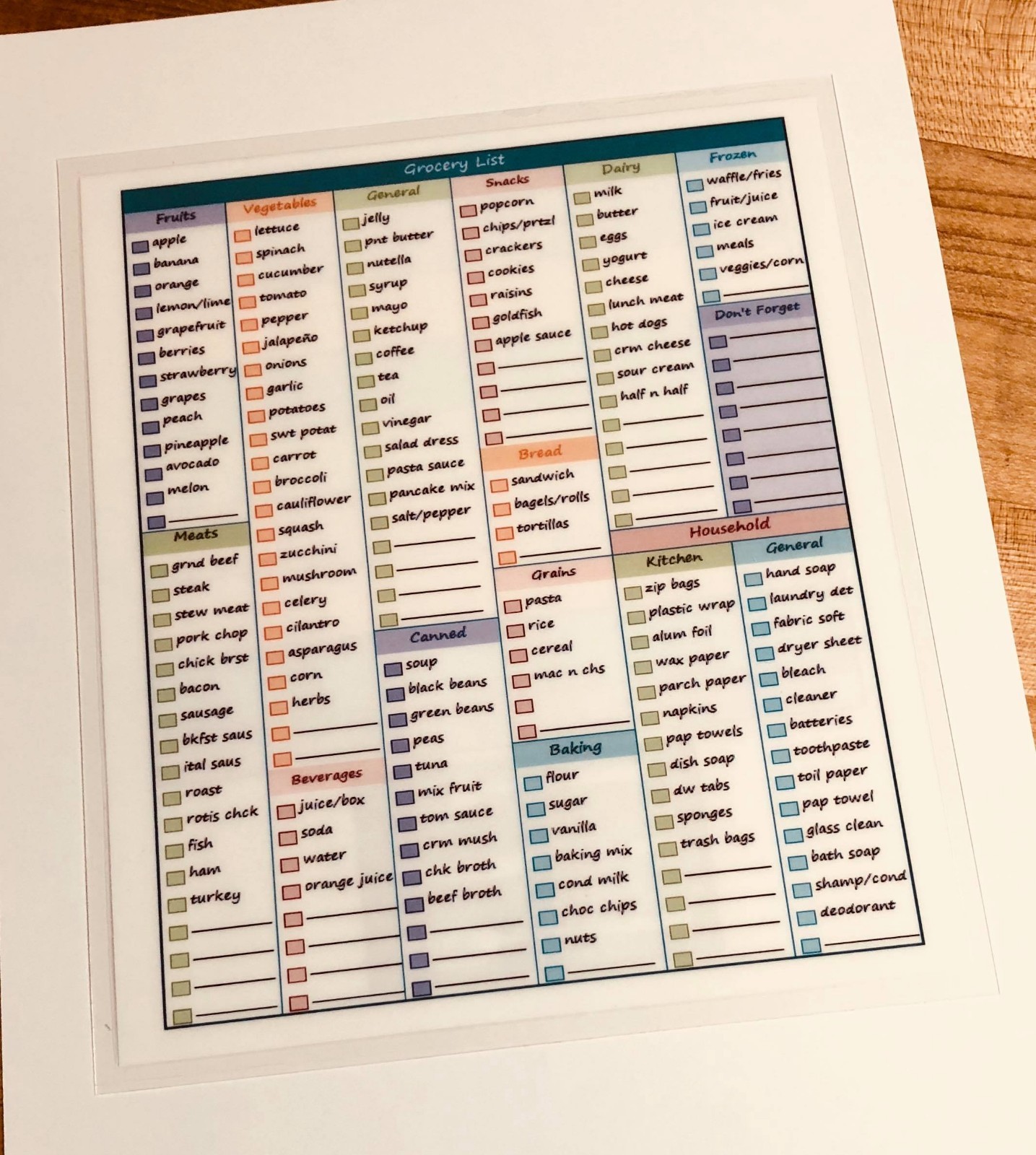 Grocery List Shopping & Menu Planner Laminated Reusable Sheet-
