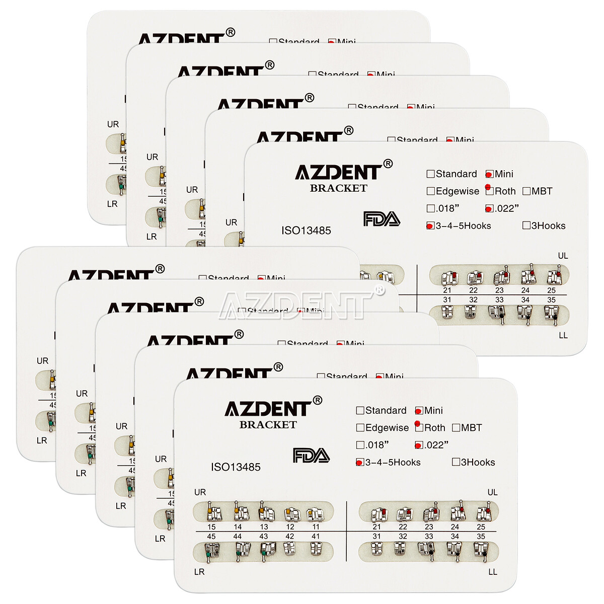 10X AZDENT Dental Ortho Brackets Mini/Standard MBT/Roth 022/018 Hooks 3 4 5
