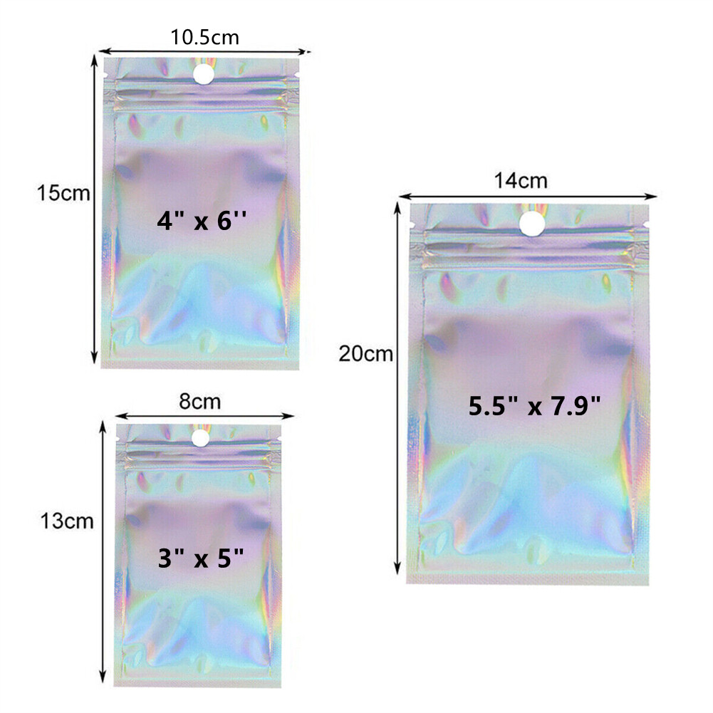 100x Holographic Mylar Foil Bag Resealable Ziplock Pouch Packaging Clear Front