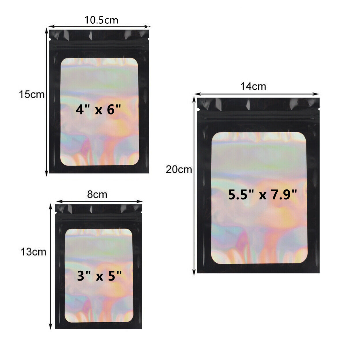 100x Holographic Mylar Foil Bag Resealable Ziplock Pouch Packaging Clear Front