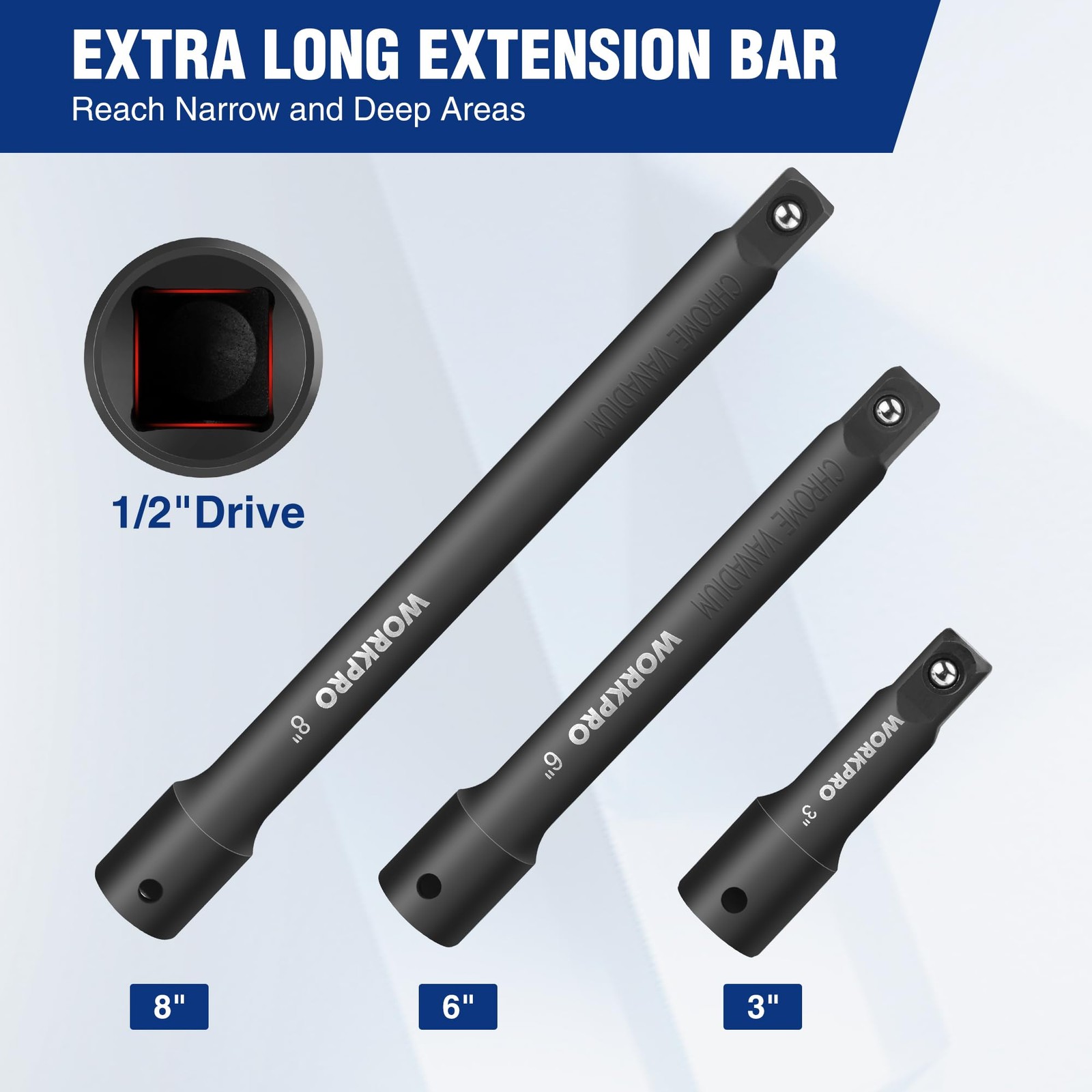 WORKPRO 1/2″ Drive Impact Extension Bar Set, 3 PCS Socket Extensions, Black