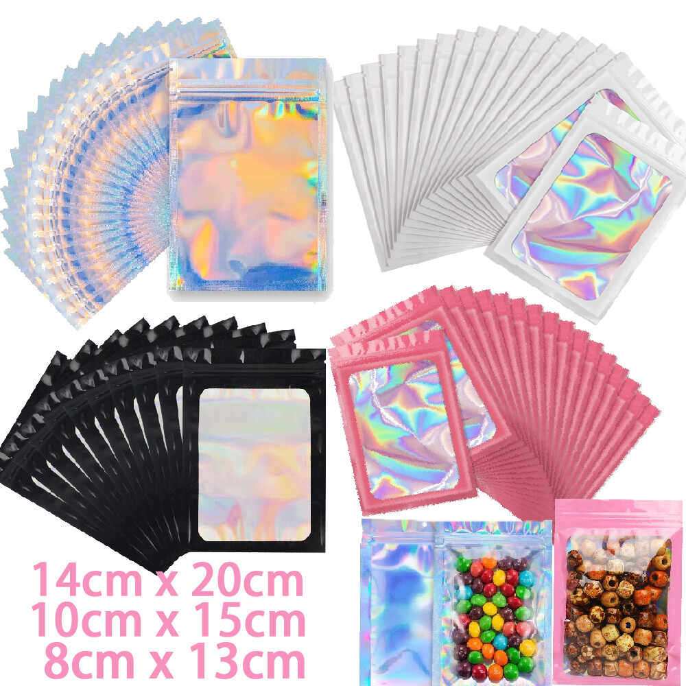 100-400 Pcs Smell Proof Mylar Holographic Bags Packaging Bags, Clear Resealable