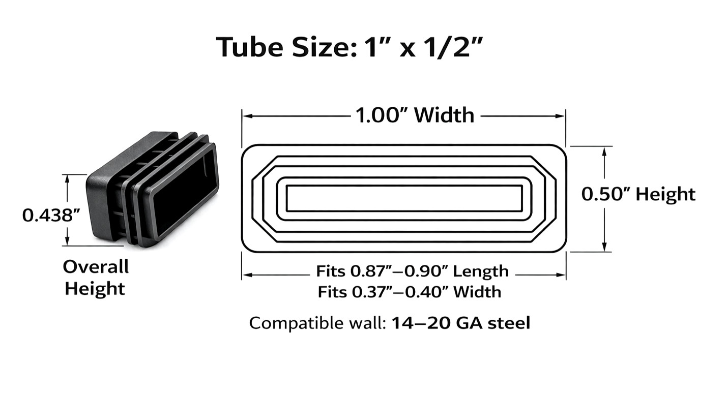 1″ x 1/2” Rectangle Tube Plugs Rectangular Tubing Cap Various Pack Sizes