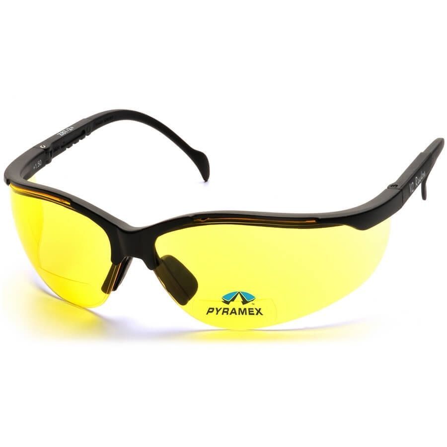 Pyramex V2 Reader Bifocal Safety Glasses Black Frame Amber Lens Z87.1+ Certified