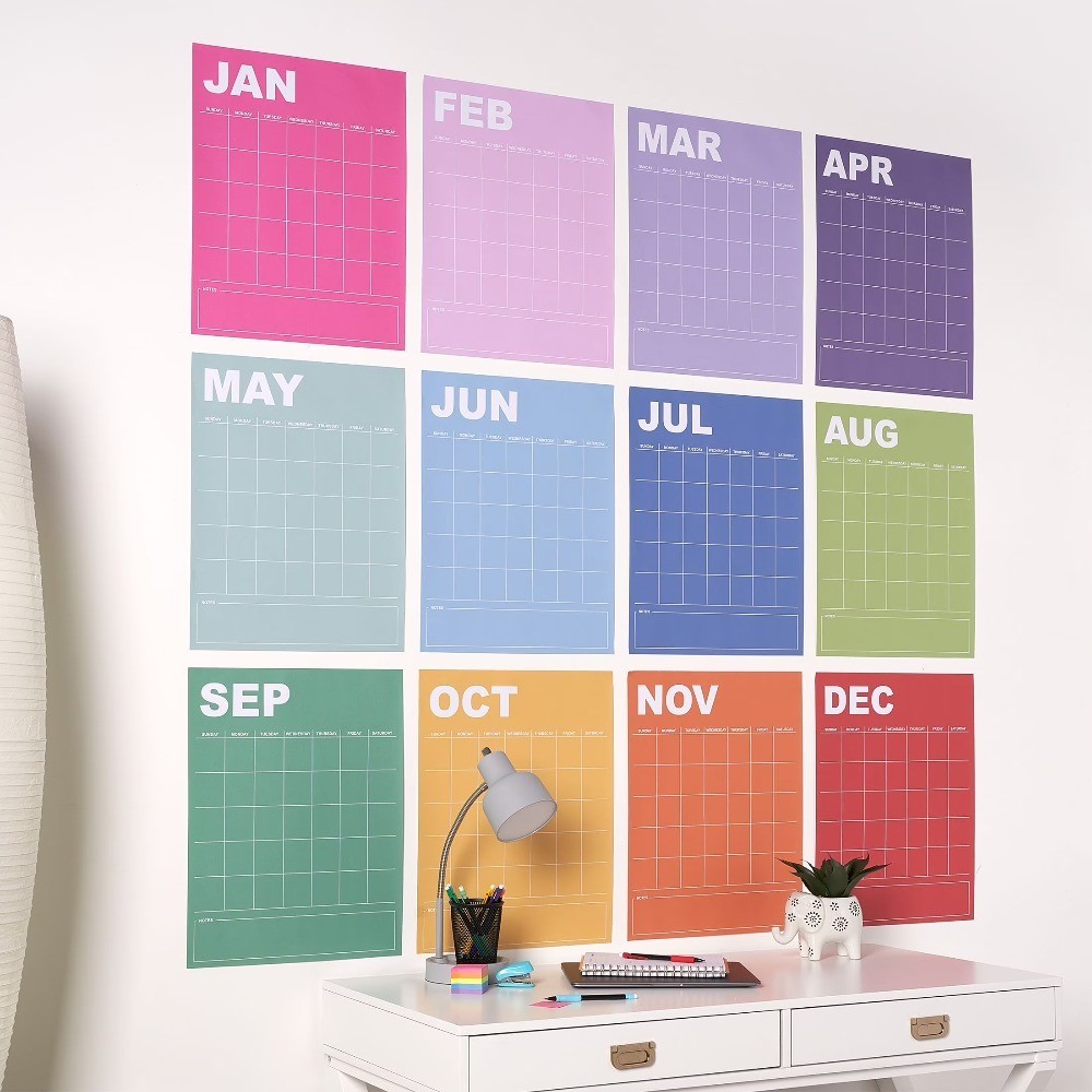 Large 15 x 19 Inch Rainbow Undated Monthly Calendar Planner Wall Poster
