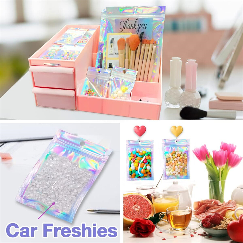 100x Holographic Mylar Foil Bag Resealable Ziplock Pouch Packaging Clear Front