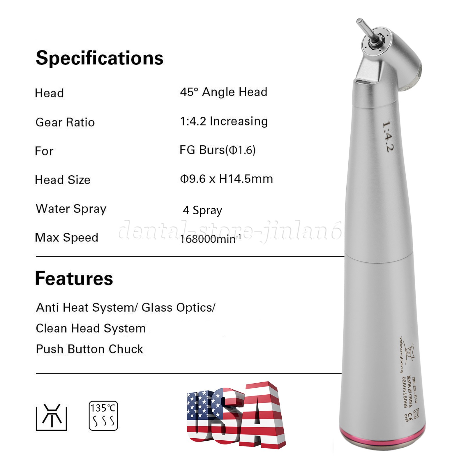 Yabangbang 1:4.2 45° Internal LED Contra Angle Handpiece Fiber Optic